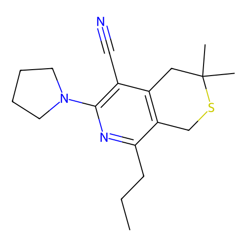 3,3-dimethyl-8-propyl-6-(pyrrolidin-1-yl)-3,4-dihydro-1H-thiopyrano[3,4-c]pyridine-5-carbonitrile structure