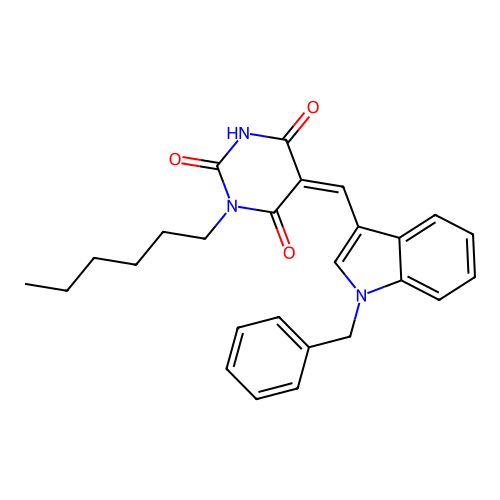 5-[(1-benzylindol-3-yl)methylidene]-1-hexyl-1,3-diazinane-2,4,6-trione structure