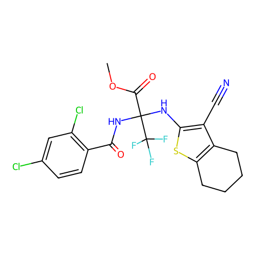 methyl 2-((3-cyano-4,5,6,7-tetrahydrobenzo[b]thiophen-2-yl)amino)-2-(2,4-dichlorobenzamido)-3,3,3-trifluoropropanoate structure