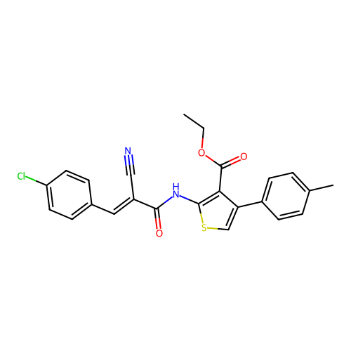 (E)-ethyl 2-(3-(4-chlorophenyl)-2-cyanoacrylamido)-4-(p-tolyl)thiophene-3-carboxylate structure