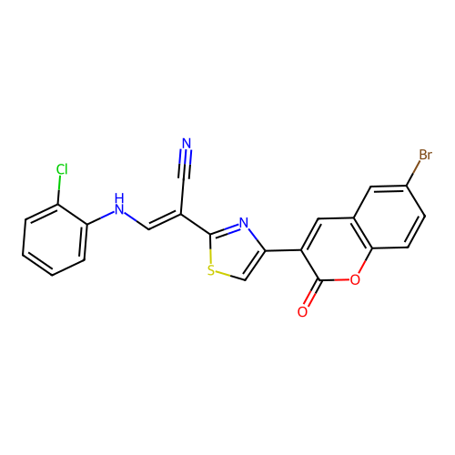 (2E)-2-[4-(6-bromo-2-oxo-2H-chromen-3-yl)-1,3-thiazol-2-yl]-3-[(2-chlorophenyl)amino]prop-2-enenitrile structure