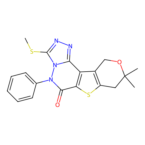 9,9-dimethyl-3-(methylthio)-5-phenyl-8,9-dihydro-5H-pyrano[3',4':4,5]thieno[3,2-d][1,2,4]triazolo[4,3-b]pyridazin-6(11H)-one structure