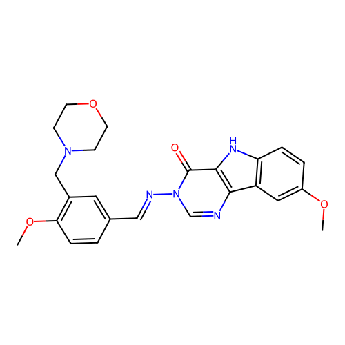 (E)-8-methoxy-3-((4-methoxy-3-(morpholinomethyl)benzylidene)amino)-3H-pyrimido[5,4-b]indol-4(5H)-one structure