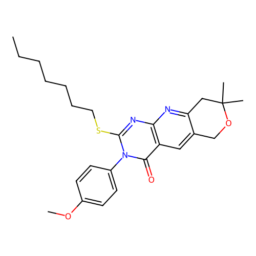 2-(heptylsulfanyl)-3-(4-methoxyphenyl)-8,8-dimethyl-3,6,8,9-tetrahydro-4H-pyrano[3',4':5,6]pyrido[2,3-d]pyrimidin-4-one structure