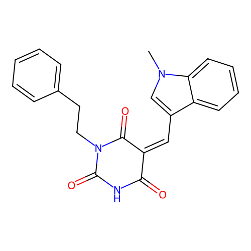(Z)-5-((1-methyl-1H-indol-3-yl)methylene)-1-phenethylpyrimidine-2,4,6(1H,3H,5H)-trione structure