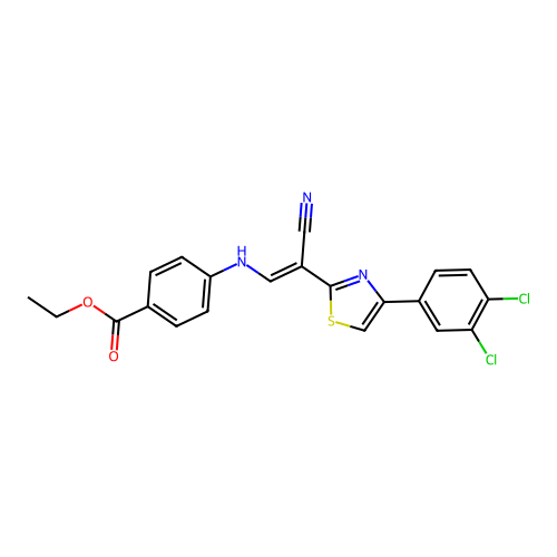 (E)-ethyl 4-((2-cyano-2-(4-(3,4-dichlorophenyl)thiazol-2-yl)vinyl)amino)benzoate structure