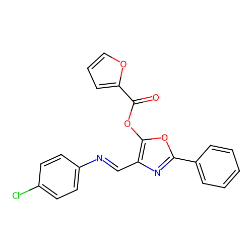(E)-4-(((4-chlorophenyl)imino)methyl)-2-phenyloxazol-5-yl furan-2-carboxylate structure