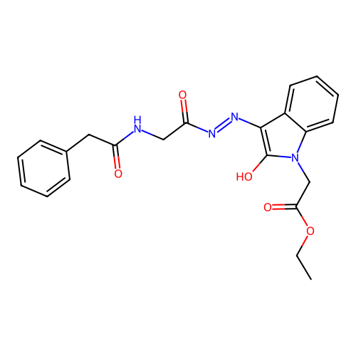 Ethyl 2-[2-oxo-3-[[2-[(2-phenylacetyl)amino]acetyl]hydrazinylidene]indol-1-yl]acetate structure