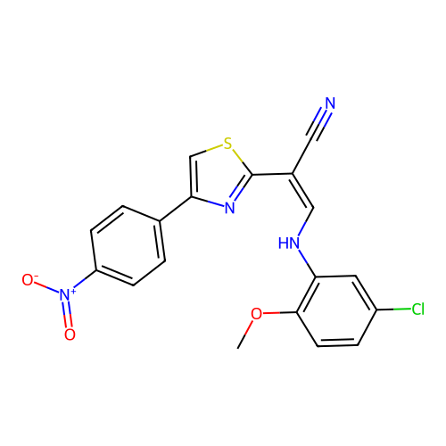 (Z)-3-((5-chloro-2-methoxyphenyl)amino)-2-(4-(4-nitrophenyl)thiazol-2-yl)acrylonitrile structure