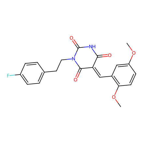 (E)-5-(2,5-dimethoxybenzylidene)-1-(4-fluorophenethyl)pyrimidine-2,4,6(1H,3H,5H)-trione structure