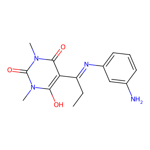 5-(1-((3-aminophenyl)amino)propylidene)-1,3-dimethylpyrimidine-2,4,6(1H,3H,5H)-trione structure