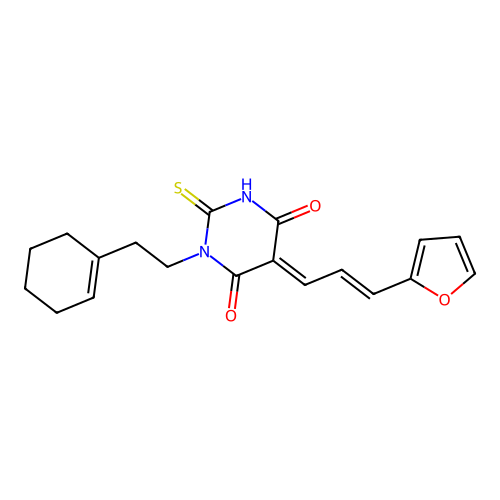 (5E)-1-[2-(cyclohexen-1-yl)ethyl]-5-[(E)-3-(furan-2-yl)prop-2-enylidene]-2-sulfanylidene-1,3-diazinane-4,6-dione structure