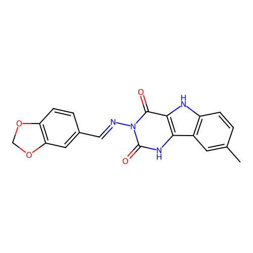 (E)-3-((benzo[d][1,3]dioxol-5-ylmethylene)amino)-8-methyl-1H-pyrimido[5,4-b]indole-2,4(3H,5H)-dione structure