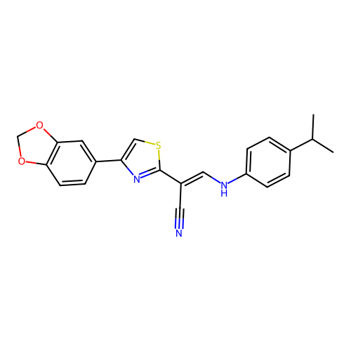 (2E)-2-[4-(1,3-benzodioxol-5-yl)-1,3-thiazol-2-yl]-3-{[4-(propan-2-yl)phenyl]amino}prop-2-enenitrile structure