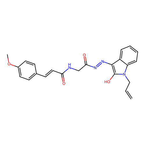 (2E)-3-(4-methoxyphenyl)-N-(2-oxo-2-{(2Z)-2-[2-oxo-1-(prop-2-en-1-yl)-1,2-dihydro-3H-indol-3-ylidene]hydrazinyl}ethyl)prop-2-enamide (non-preferred name) structure