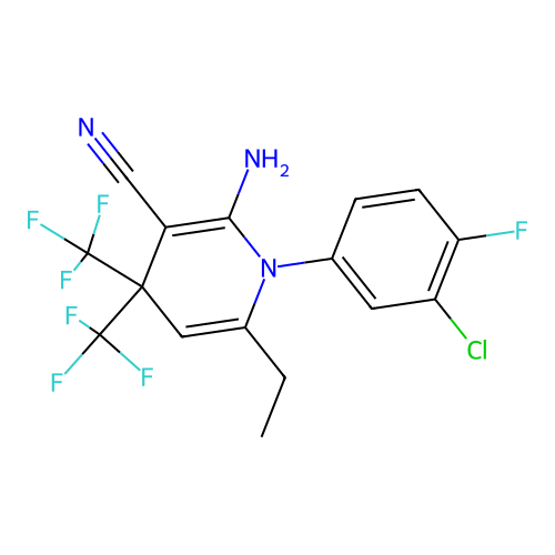 2-amino-1-(3-chloro-4-fluorophenyl)-6-ethyl-4,4-bis(trifluoromethyl)-1,4-dihydropyridine-3-carbonitrile structure