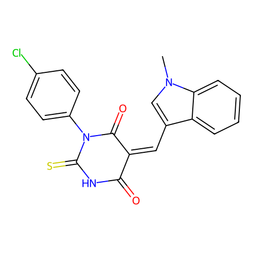 (Z)-1-(4-chlorophenyl)-5-((1-methyl-1H-indol-3-yl)methylene)-2-thioxodihydropyrimidine-4,6(1H,5H)-dione structure