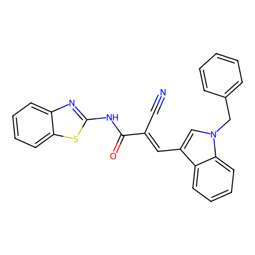 (2E)-N-benzothiazol-2-yl-2-cyano-3-[1-benzylindol-3-yl]prop-2-enamide structure