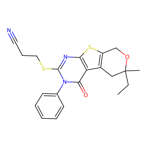 3-((6-ethyl-6-methyl-4-oxo-3-phenyl-4,5,6,8-tetrahydro-3H-pyrano[4',3':4,5]thieno[2,3-d]pyrimidin-2-yl)thio)propanenitrile structure