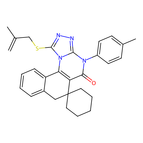 1-((2-methylallyl)thio)-4-(p-tolyl)-4H-spiro[benzo[h][1,2,4]triazolo[4,3-a]quinazoline-6,1'-cyclohexan]-5(7H)-one structure
