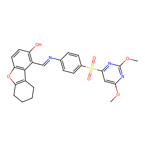 (1E)-1-[[4-(2,6-dimethoxypyrimidin-4-yl)sulfonylanilino]methylidene]-6,7,8,9-tetrahydrodibenzofuran-2-one structure