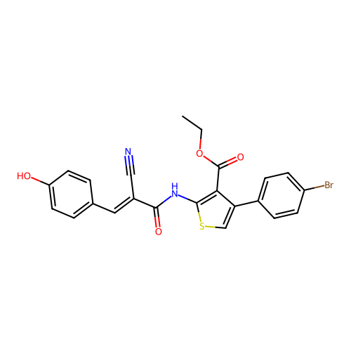 (E)-ethyl 4-(4-bromophenyl)-2-(2-cyano-3-(4-hydroxyphenyl)acrylamido)thiophene-3-carboxylate structure