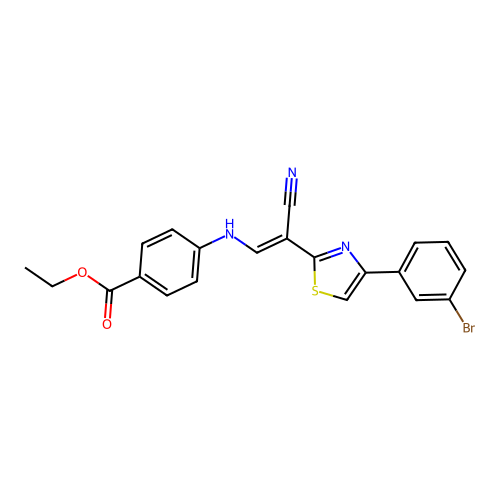(E)-ethyl 4-((2-(4-(3-bromophenyl)thiazol-2-yl)-2-cyanovinyl)amino)benzoate structure