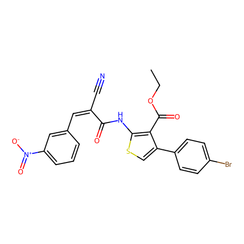 (Z)-ethyl 4-(4-bromophenyl)-2-(2-cyano-3-(3-nitrophenyl)acrylamido)thiophene-3-carboxylate structure