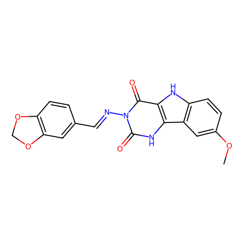 (E)-3-((benzo[d][1,3]dioxol-5-ylmethylene)amino)-8-methoxy-1H-pyrimido[5,4-b]indole-2,4(3H,5H)-dione structure