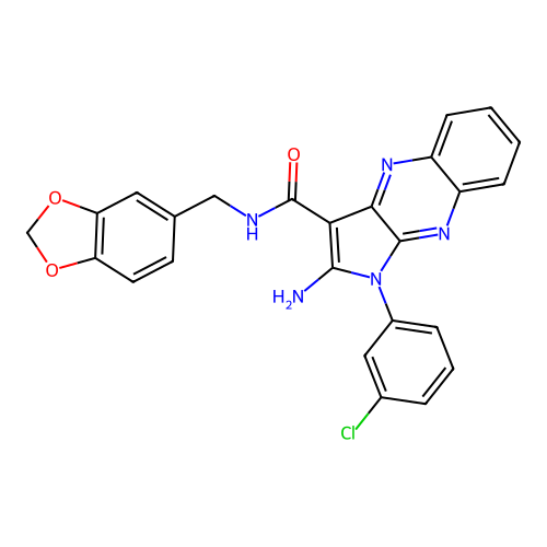 2-amino-N-(1,3-benzodioxol-5-ylmethyl)-1-(3-chlorophenyl)-1H-pyrrolo[2,3-b]quinoxaline-3-carboxamide structure