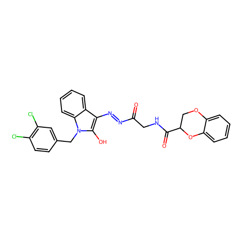 (Z)-N-(2-(2-(1-(3,4-dichlorobenzyl)-2-oxoindolin-3-ylidene)hydrazinyl)-2-oxoethyl)-2,3-dihydrobenzo[b][1,4]dioxine-2-carboxamide structure