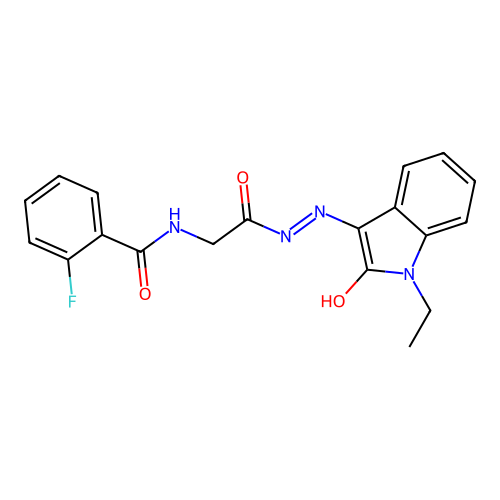 (Z)-N-(2-(2-(1-ethyl-2-oxoindolin-3-ylidene)hydrazinyl)-2-oxoethyl)-2-fluorobenzamide structure