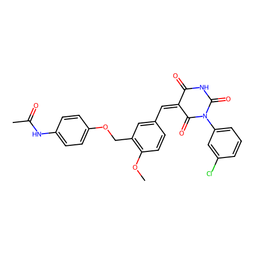 (Z)-N-(4-((5-((1-(3-chlorophenyl)-2,4,6-trioxotetrahydropyrimidin-5(2H)-ylidene)methyl)-2-methoxybenzyl)oxy)phenyl)acetamide structure