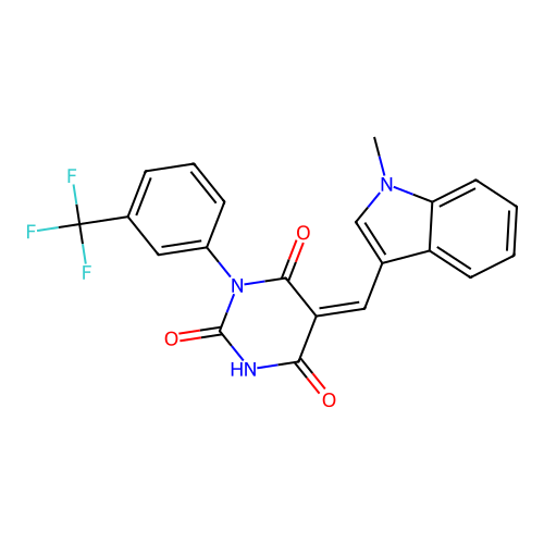(Z)-5-((1-methyl-1H-indol-3-yl)methylene)-1-(3-(trifluoromethyl)phenyl)pyrimidine-2,4,6(1H,3H,5H)-trione structure