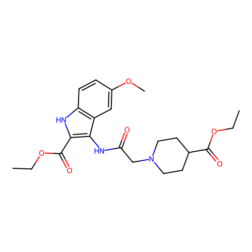 ethyl 3-(2-(4-(ethoxycarbonyl)piperidin-1-yl)acetamido)-5-methoxy-1H-indole-2-carboxylate structure