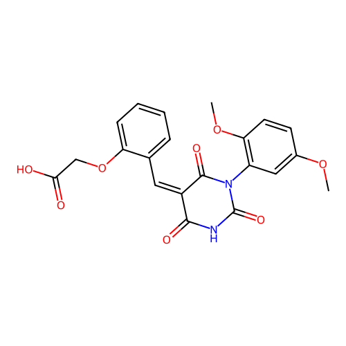 (2-{(Z)-[1-(2,5-dimethoxyphenyl)-4-hydroxy-2,6-dioxo-1,6-dihydropyrimidin-5(2H)-ylidene]methyl}phenoxy)acetic acid structure