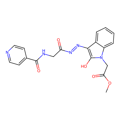 methyl 2-(3-(2-(2-(isonicotinamido)acetyl)hydrazono)-2-oxoindolin-1-yl)acetate structure