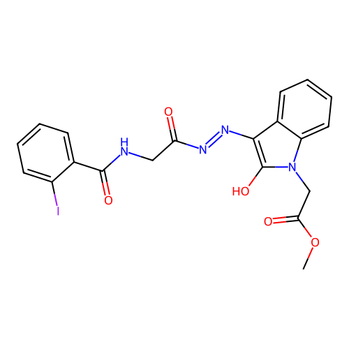 (Z)-methyl 2-(3-(2-(2-(2-iodobenzamido)acetyl)hydrazono)-2-oxoindolin-1-yl)acetate structure
