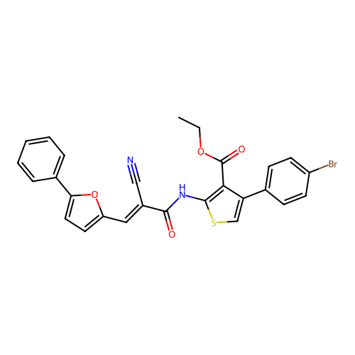 (E)-ethyl 4-(4-bromophenyl)-2-(2-cyano-3-(5-phenylfuran-2-yl)acrylamido)thiophene-3-carboxylate structure