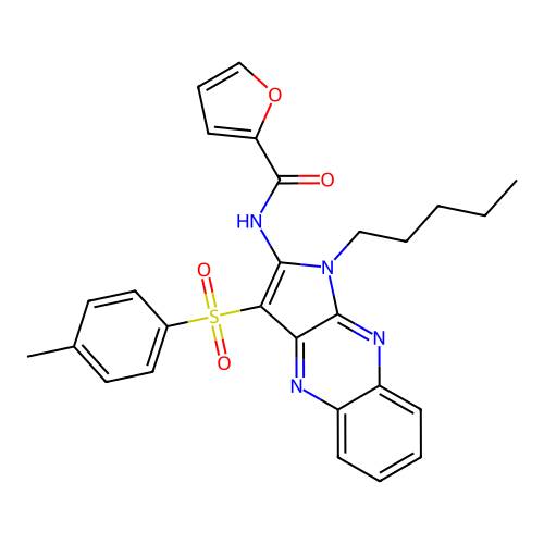 N-(1-amyl-3-tosyl-pyrrolo[3,2-b]quinoxalin-2-yl)-2-furamide structure