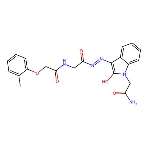 (Z)-N-(2-(2-(1-(2-amino-2-oxoethyl)-2-oxoindolin-3-ylidene)hydrazinyl)-2-oxoethyl)-2-(o-tolyloxy)acetamide structure
