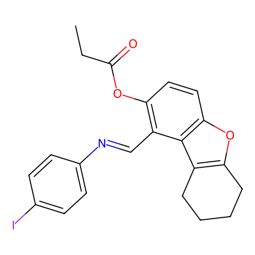 [1-[(4-iodophenyl)iminomethyl]-6,7,8,9-tetrahydrodibenzofuran-2-yl] Propanoate structure
