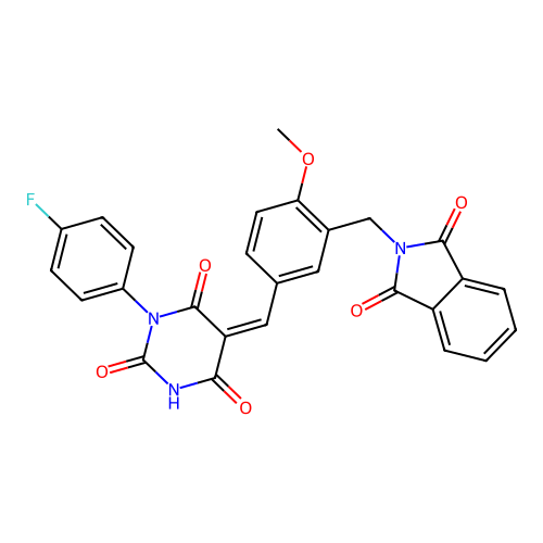 (Z)-5-(3-((1,3-dioxoisoindolin-2-yl)methyl)-4-methoxybenzylidene)-1-(4-fluorophenyl)pyrimidine-2,4,6(1H,3H,5H)-trione structure