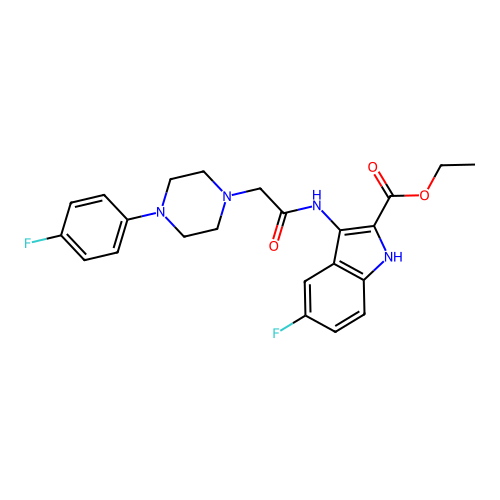 Ethyl 5-fluoro-3-[[2-[4-(4-fluorophenyl)piperazin-1-yl]acetyl]amino]-1H-indole-2-carboxylate structure
