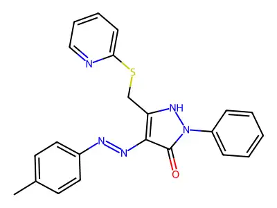 2-Phenyl-5-(pyridin-2-ylsulfanylmethyl)-4-(p-tolyl-hydrazono)-2,4-dihydro-pyrazol-3-one structure