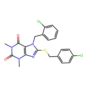 7-[(2-chlorophenyl)methyl]-8-{[(4-chlorophenyl)methyl]sulfanyl}-1,3-dimethyl-2,3,6,7-tetrahydro-1H-purine-2,6-dione structure