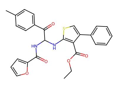 Ethyl 2-[[1-[(2-furanylcarbonyl)amino]-2-(4-methylphenyl)-2-oxoethyl]amino]-4-phenyl-3-thiophenecarboxylate structure