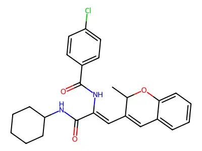 4-chloro-N-[(1Z)-3-(cyclohexylamino)-1-(2-methyl-2H-chromen-3-yl)-3-oxoprop-1-en-2-yl]benzamide structure
