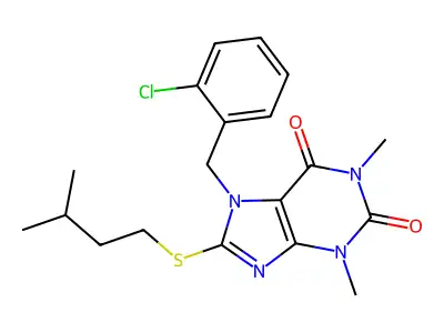 7-[(2-chlorophenyl)methyl]-1,3-dimethyl-8-[(3-methylbutyl)sulfanyl]-2,3,6,7-tetrahydro-1H-purine-2,6-dione structure