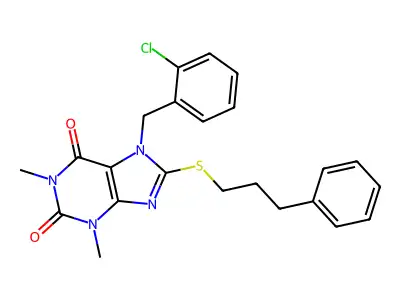 7-[(2-chlorophenyl)methyl]-1,3-dimethyl-8-(3-phenylpropylsulfanyl)purine-2,6-dione structure